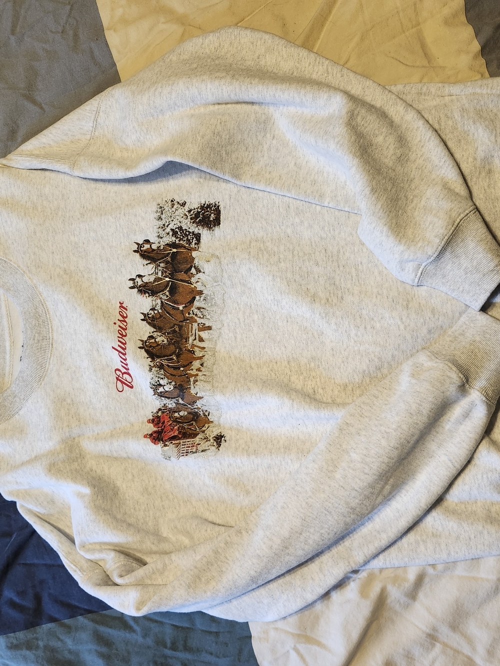 Budweiser Light Gray Crewneck Sweatshirt with Clydesdale Team Graphic